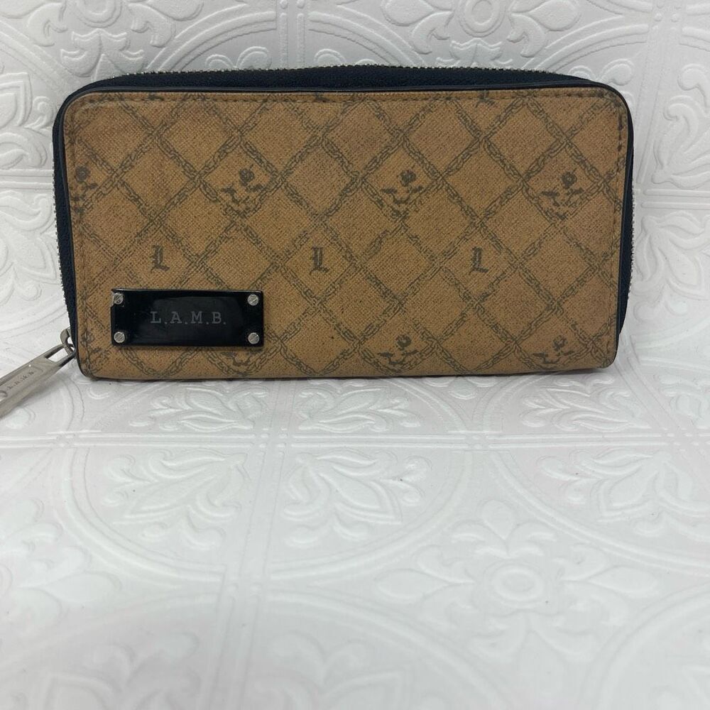 L.A.M.B. Tan Black Leather Gwen Stefani Monogram Zip Around Wallet